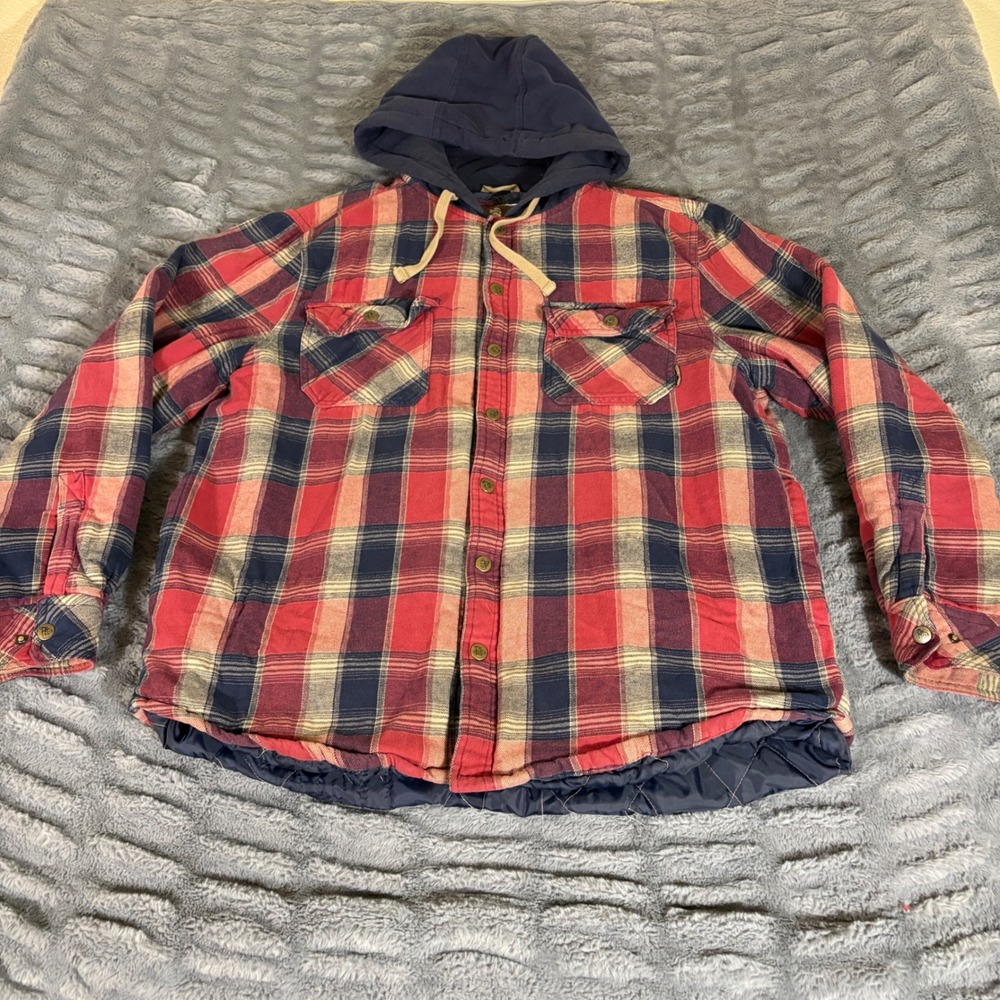 Legendary Outfitters Mens XL Red Plaid Hooded Quilted Lined Flannel Shirt Jacket